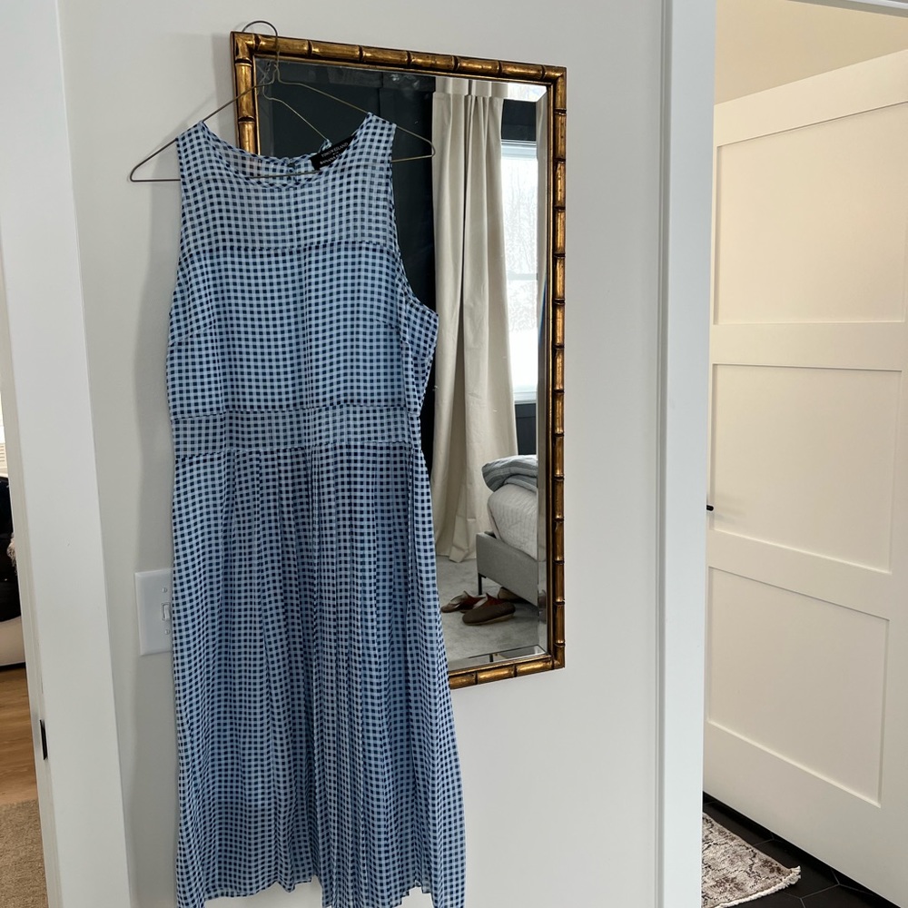 Banana republic pleated midi dress, blue and white check with sheer panels